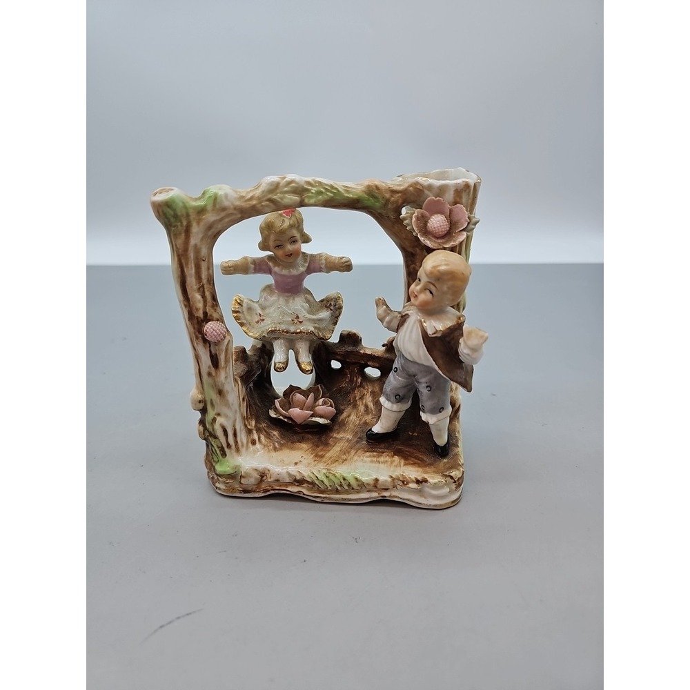 Vintage 1930's Porcelain Hand‎ Painted Children On Swing Figural Sculpted Vase